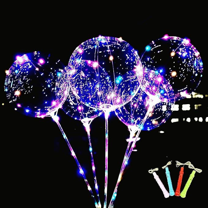 LED Light Up Bobo Balloons with Sticks,10 Packs Flashing Handles,20 Inches Bubble Bobo Balloons,70 cm Sticks,Christmas Birthday Party Decoration