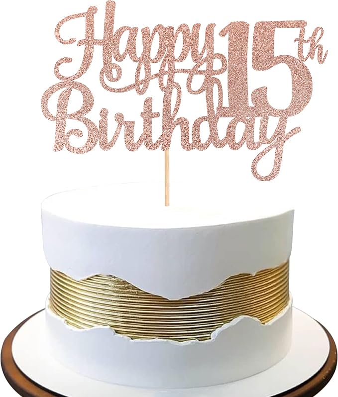 1 PCS Happy 15th Birthday Cake Topper Glitter Cheers to 15 Years Birthday Cake Pick Mis Quince 15 Fabulous Cake Decoration for Happy 15th Birthday Theme Party Decorations Supplies Rose Gold