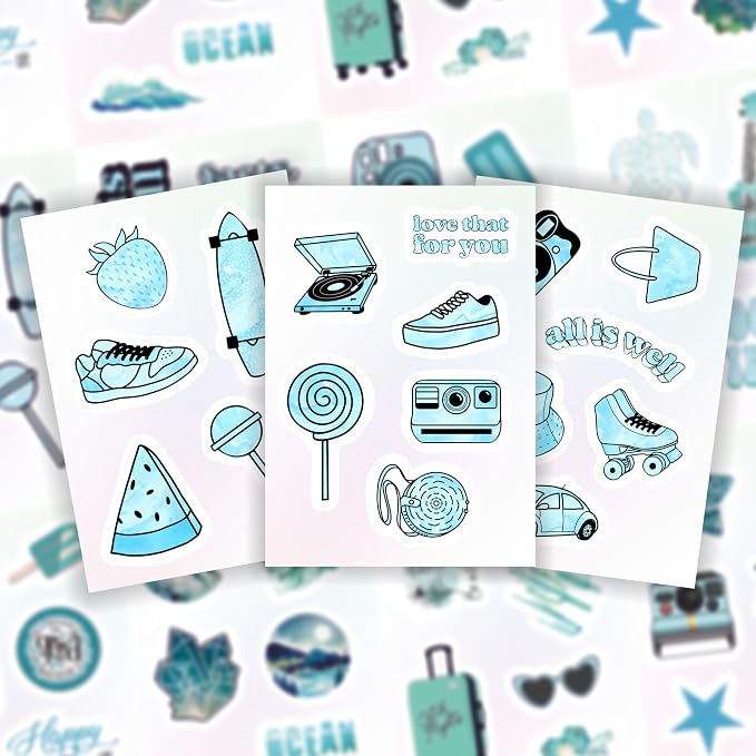 BulbaCraft 100Pcs Teal Stickers, Blue Stickers for Water Bottle and Laptop - Teal Party Supplies & Decorations, Waterproof Vinyl Decals, Gifts for Women & Men