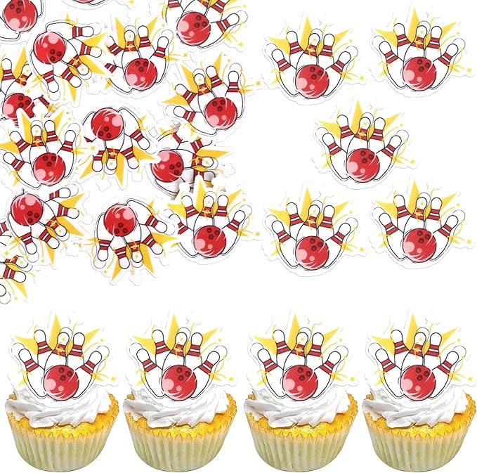 48 PCS Edible Bowling Cupcake Toppers Wafer Paper Sports Ball Cupcake Picks Edible Bowling Birthday Decorations for Sports Theme Baby Shower Boys Girls Player Birthday Party Cake Decoration Supplies