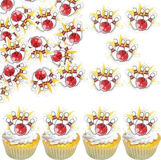48 PCS Edible Bowling Cupcake Toppers Wafer Paper Sports Ball Cupcake Picks Edible Bowling Birthday Decorations for Sports Theme Baby Shower Boys Girls Player Birthday Party Cake Decoration Supplies