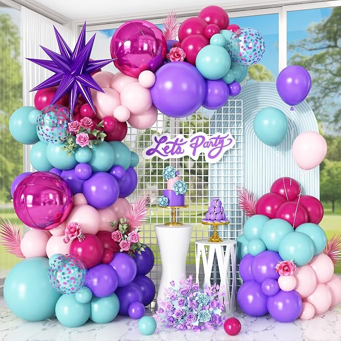 Pink and Teal Blue Balloon Arch Garland Kit with Purple Star Foil Balloons Hot Pink 4D Round Balloons for Birthday Baby Shower Wedding Anniversary Party Decorations
