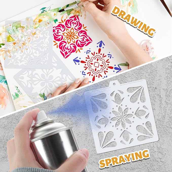 Whaline 15 Pcs Floral Tile Cookie Stencils Chinoiserie Toile Tiles Airbrush Painting Stencils with Bead Chain Decor Biscuit Coffee Cake Baking Reusable Templates for DIY Crafts Birthday Party