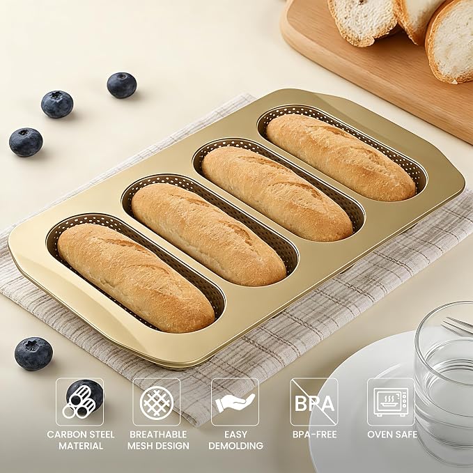 Baguette Bread Pan for Baking, 4 Loaf Nonstick French Bread Baking Pan, Perforated Carbon Steel Bread Loaf Pan for Homemade Baguettes, Sub Rolls and Artisan Bread