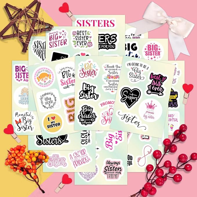 100Pcs Big Sister Stickers for Water Bottle and Laptop - Big Sister Party Supplies & Decorations, Waterproof Vinyl Decals, Sibling and Family Stickers, Gifts for Women & Men