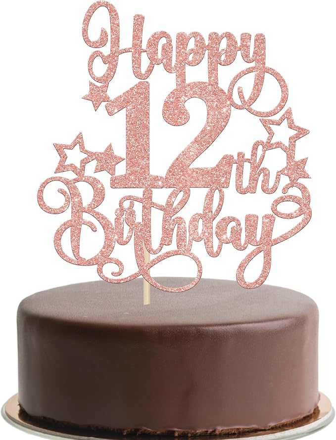 1 PCS Happy 12th Birthday Cake Topper Glitter Cheers to 12 Years Birthday Cake Pick Hello 12 Fabulous Cake Decoration for Happy 12th Birthday Anniversary Party Decorations Supplies Rose Gold