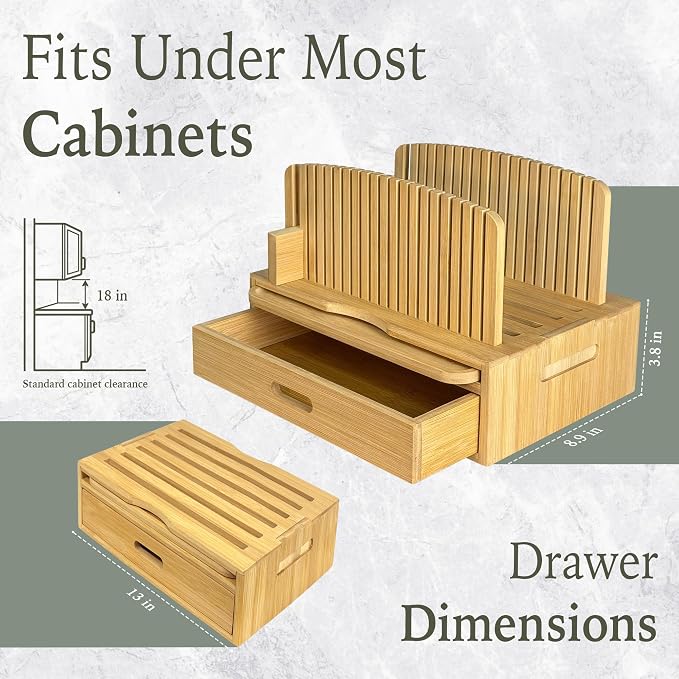 Bamboo Bread Slicer for Homemade Bread, Adjustable Cutter Guide with Crumb Tray, Storage Drawer and Serving Board, Compact Slicing Tool for Even Sourdough and Sandwich Loaf Cuts