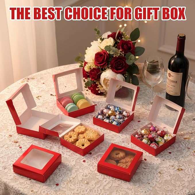 Zonon 30 Pcs Kraft Paper Boxes with Window 4.13 x 4.13 x 1.18 Inch Candy Packaging, Small Gift Boxes, Soap holder, Mini Treat Packaging for Bakery Chocolate Jewelry Display (Dark Red)