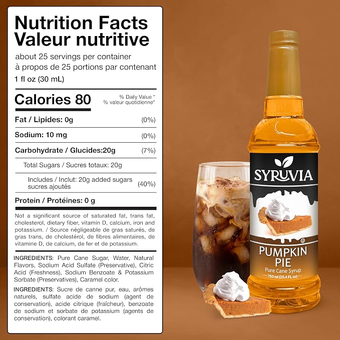 Syruvia Coffee Syrup, Pumpkin Pie Flavored Syrup for Drinks, Lattes, and Desserts – 25.4 fl oz - with Pump