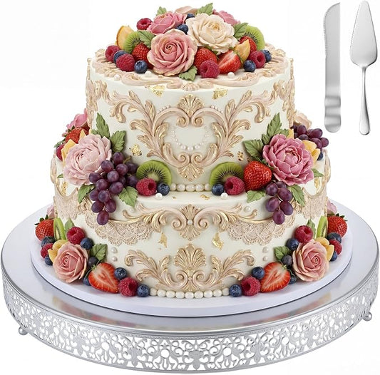 Wenqik 20 Inch Silver Cake Stand Set Metal Round Cupcake Dessert Stand with Cake Cutting, Spatula Wedding Cupcake Pastry Display Candy Holder Display for Wedding Party Birthday Baby Shower(Classic)