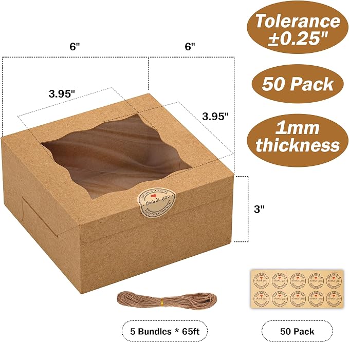 50Pcs 6x6x3 Inch Cookie Boxes With Window Boxes for Baked Goods | Brown,Food Grade Kraft,Bakery Boxes for Cookies Donuts,with Stickers and Twine,Dessert Boxes for Treats Gift Giving Party