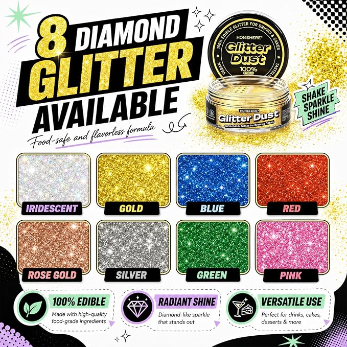 HomeHere Edible Glitter for Drinks & Cakes, 10g Food Grade Disco Diamond Glimmer Dust, Sparkle Powder for Cocktails, Chocolate, Baking Decorations, Vegan& Tasteless (Golden)