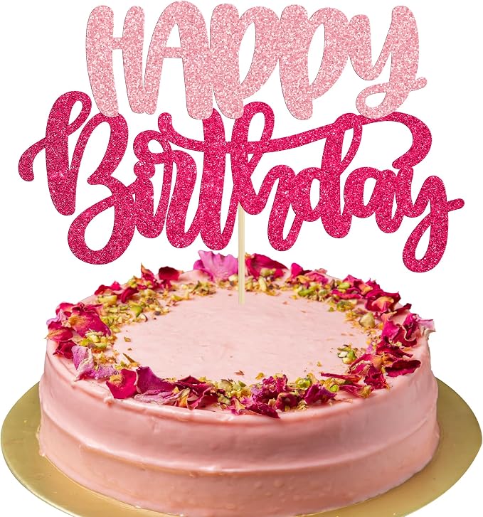 Gyufise 1Pcs Happy Birthday Cake Topper Glitter Happy Birthday Cake Pick for Celebrating Wedding Anniversary Theme Party Cake Decorations Supplies Pink Rose Red