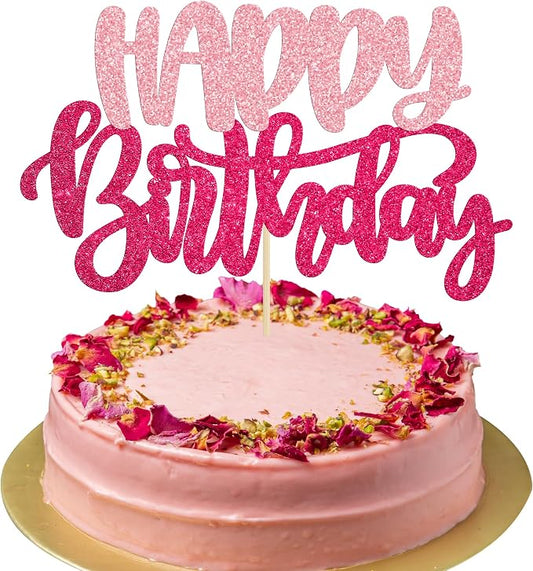 Gyufise 1Pcs Happy Birthday Cake Topper Glitter Happy Birthday Cake Pick for Celebrating Wedding Anniversary Theme Party Cake Decorations Supplies Pink Rose Red