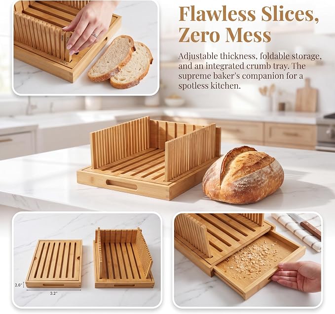 Foldable Bamboo Bread Slicer Adjustable Guide with Crumb Tray for Sourdough | Adjustable Slicing Guide Built-In Crumb Tray Natural Bamboo Board Better Slices, Less Mess Compact for Easy Storage