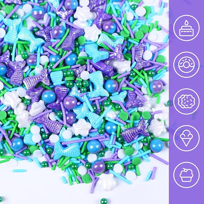 Mermaid Themed Sprinkle for Cake Decorating, Purple Blue sprinkles for Edible Cupcakes toppers, Birthday Party Candy for Decorating Cakes, Cupcakes, Cookies & Desserts