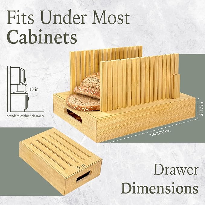 Bamboo Bread Slicer for Homemade Bread, Adjustable Cutting Board with Crumb Tray and Serving Box, Slicing Guide for Sourdough, Sandwich Loaves, Bagels and Cakes