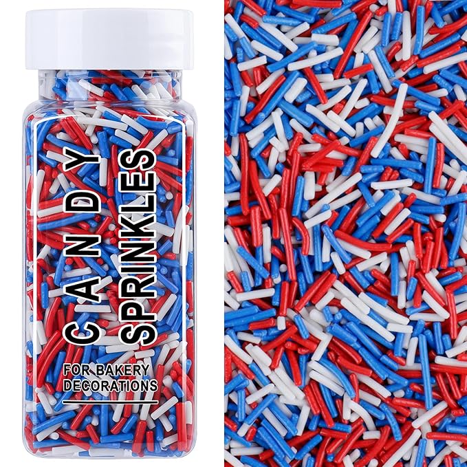 4th of July Sprinkles, Edible Red White and Blue Jimmies Mix for Baking Topping, Cupcakes, Cookies, Ice Cream & Cake Decorating, Patriotic Memorial Day Holiday Party Supplies