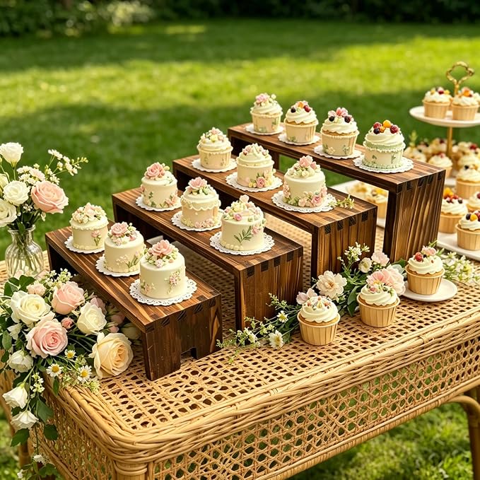 Yikaroeli 2 Set Large Cupcake Stands Wood Cake Stand Wooden Display Risers Wood Riser Dessert Table Display Set Farmhouse Decor,4Tiered 8Pcs Food Risers for Party