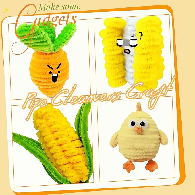 AHAMETON 620Pcs Golden Orange Pipe Cleaner Flower Kit, 6 Colors Bulk Pipe Cleaners Craft Supplies with Wire, Stamens, Ribbon, Tapes, Card, DIY Flower Making for Gifts Home Decor, Party & School Crafts