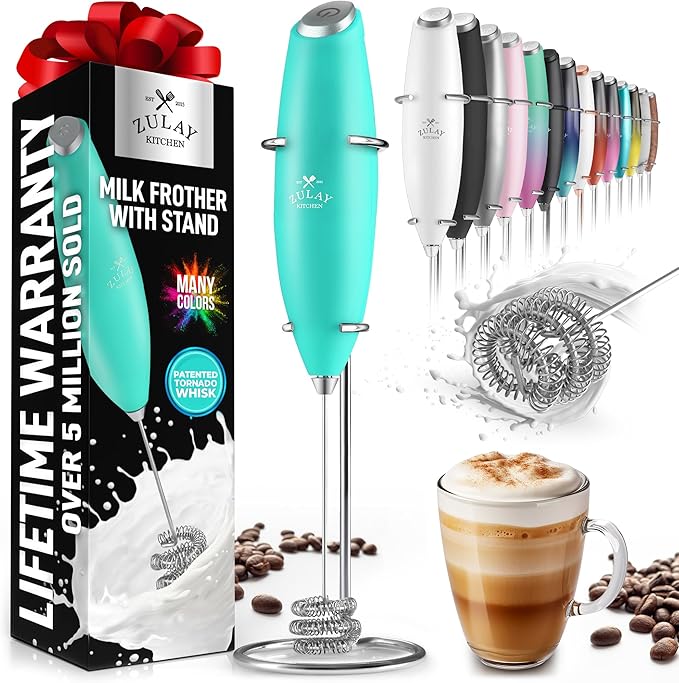 Zulay Powerful Milk Frother for Coffee with Upgraded Titanium Motor - Handheld Electric Whisk, Milk Foamer, Mini Mixer & Coffee Blender for Frappe, Latte, Matcha, No Stand - Pristine Teal