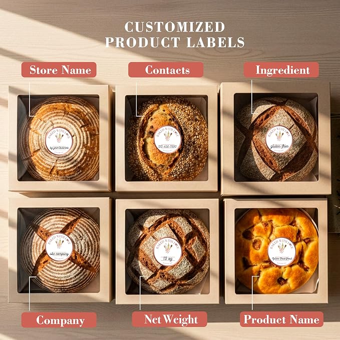 Mobiusea Creation Rosegold Baked with Love Stickers | 1.5 Inch 500pcs Packaging Labels for Baked Goods, Bakery Label Roll, Bread Sticker, Cookie Packaging & Baking Business Essentials