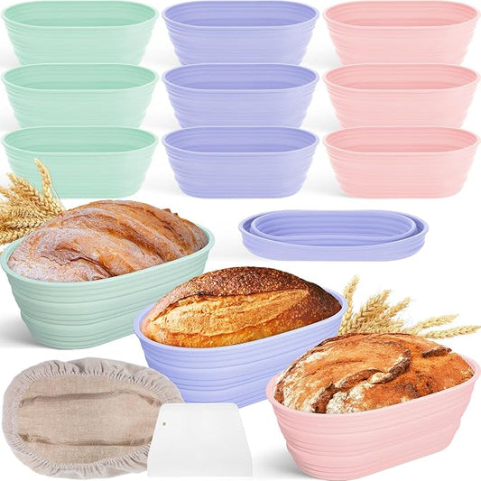 Nuogo 9 Pack Oval Bread Proofing Basket Silicone 10 Inch Collapsible Sourdough Bread Baking Supplies Dough Proofing Bowl with Dough Scraper and Basket Covers for Making Bread