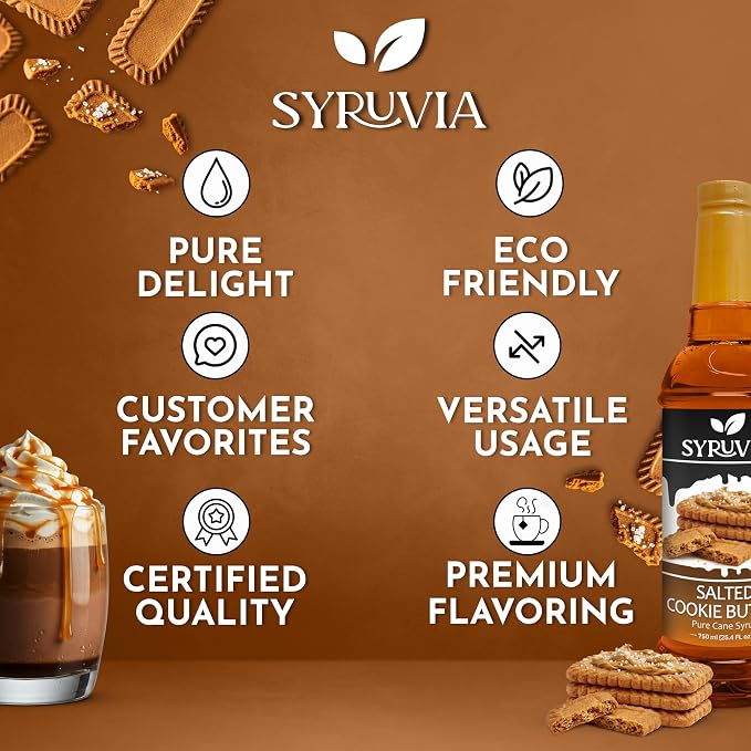 Syruvia Coffee Syrup, Salted Cookie Butter Flavored Syrup for Drinks, Lattes, and Desserts – 25.4 fl oz - with Pump