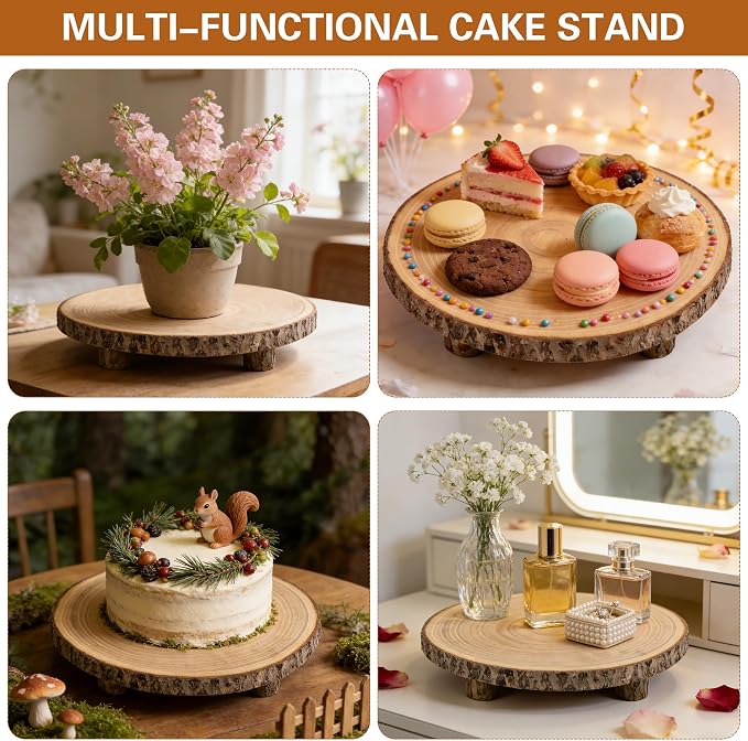 Wood Cake Stand with 4 Legs, 10-11 Inch Natural Rustic Wooden Slice Cupcake Stand for Wedding, Birthday & Baby Shower, Farmhouse Dessert Display, Woodland-Themed Party Decor