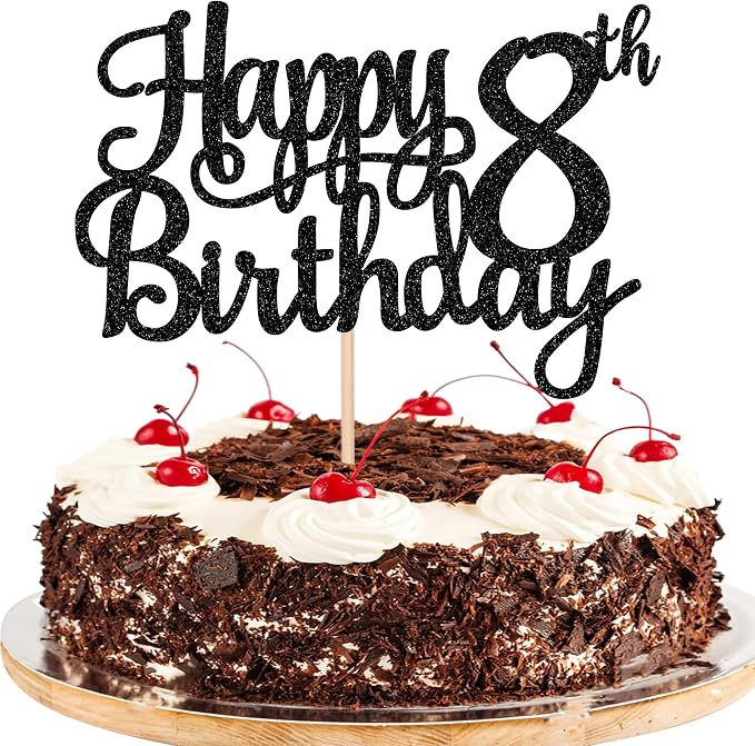 1 PCS Happy 8th Birthday Cake Topper Glitter Cheers to 8 Years Cake Pick Number 8 Fabulous Cake Decoration for 8th Birthday Theme Party Decorations Supplies Black