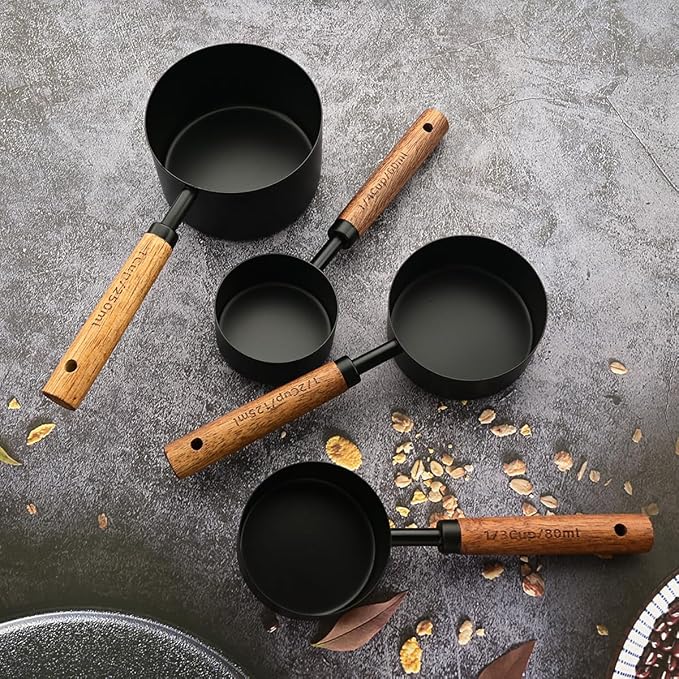 8 pieces Black Measuring Cups Set and Measuring Spoons Set with Scale, BRIIEC Wooden Handle Stainless Steel Dry & Liquid Measuring Cup for Cooking Baking