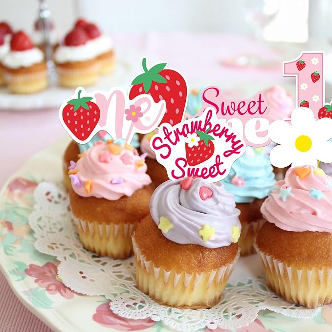 42Pcs Edible Strawberry Sweet One Cupcake Toppers Wafer Paper Birthday Strawberry Cupcake Picks for Baby Shower Kids Birthday Party Cake Decorations Supplies