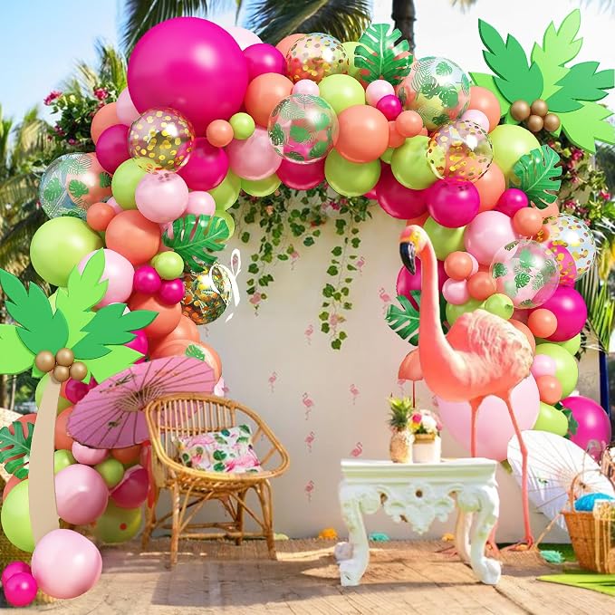 Tropical Balloon Arch Garland Kit, Hawaiian Luau Party Decorations with Hot Pink and Green Balloons, Palm Leaves Balloons Gold Confetti Balloons for Aloha Flamingo Beach Summer Theme Party Decofations