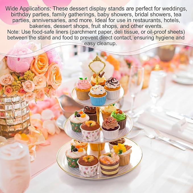 Teenyyou 8 Pack 3 Tier Cupcake Stand Bulk Tiered Dessert Stand Thick Plastic Serving Tray with Gold Edges Dessert Table Display Set Tea Cake Holder for Wedding Birthday Party(White Gold,Crown Shaped)