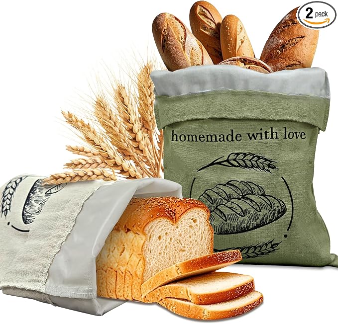 Linen Reusable Bread Bags for Homemade Bread & Sourdough - 2 Pack Breads Bags - 15x12 Inch - Perfect for Baking, Proofing & Fresh Storage - Breads Storage Solution (Green and white)