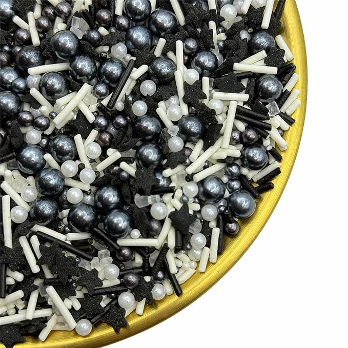 CandiJumpin Black and White Pearl Sprinkles, Edible Pearls and Jimmies Mix Black White Sprinkles Crunchy Jimmies Star Confetti Edible Pearls for Cake Decorating Pearl Decoration for Baking Baby Shower Party Birthday Wedding Christmas Supplies 3 OZ