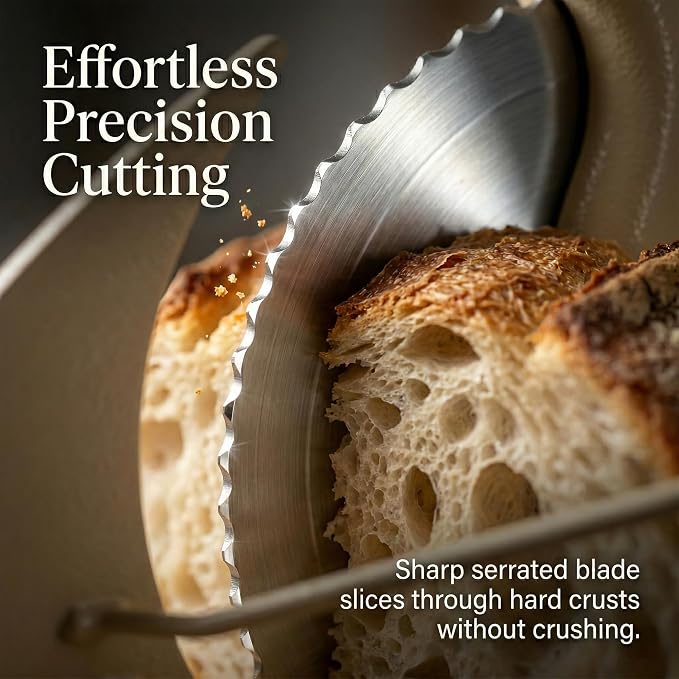 Sourdough Bread Slicer for Homemade Bread, Adjustable Thickness, Hand Crank | Adjustable thickness up to 0.9 in, 430 stainless steel blade, anti-jam guide, solid wood base, suction feet, and hand crank.