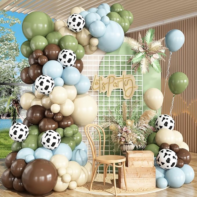 Cowboy Blue Green Brown Balloon Garland Arch Kit, 144Pcs Light Pink Sage Green Cream Cow Balloons for Birthday Baby Shower First Rodeo Cowboy Western Themed Party Decorations
