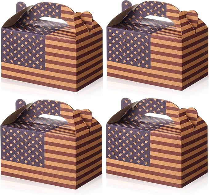 Colarr 24 Pcs 4th of July Treat Boxes Patriotic American Flag Prints Goodie Boxes with Handles 250th Anniversary Kraft Paper Cookie Box Candy Party Favor Box for Independence Day Celebration