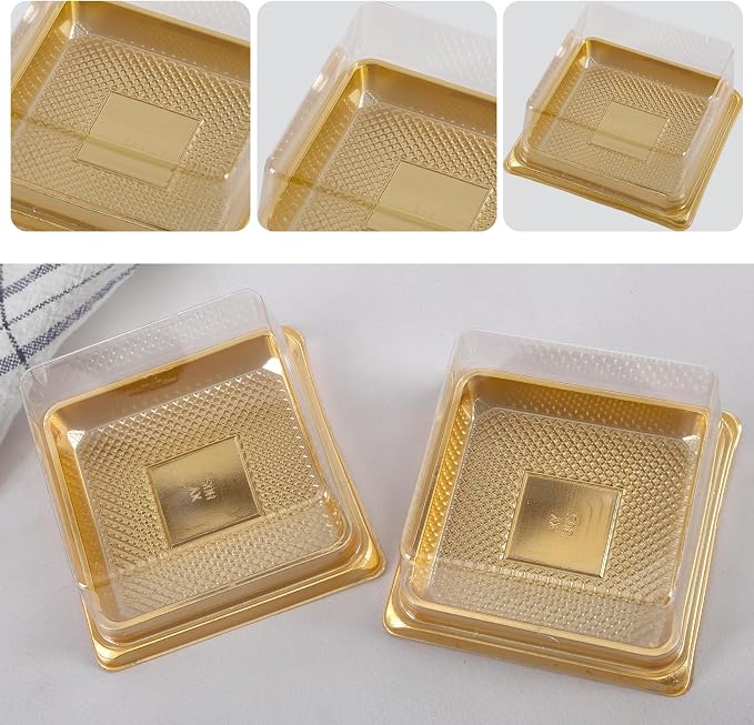 Hewnda 50 Pack of Gold Cake Pans,bottom 3 inch X height 1-1/2 inch of Clear plastic mini cake box muffins box cookies box wedding birthday gift box