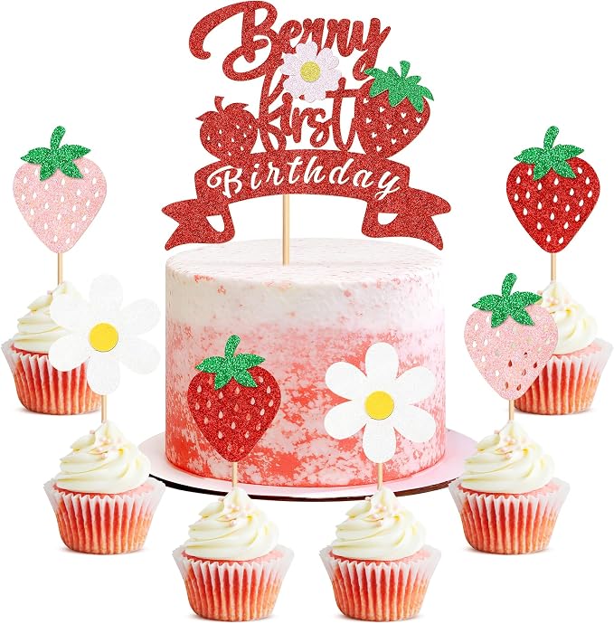 25Pcs Berry First Birthday Cake Topper Glitter Red Strawberry Cupcake Toppers White Flowers Cupcake Picks for Strawberry Baby Shower Boys Girls Birthday Party Cake Decorations