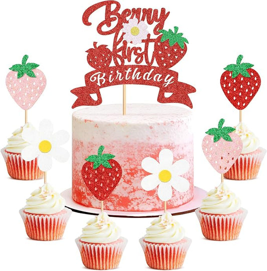 25Pcs Berry First Birthday Cake Topper Glitter Red Strawberry Cupcake Toppers White Flowers Cupcake Picks for Strawberry Baby Shower Boys Girls Birthday Party Cake Decorations