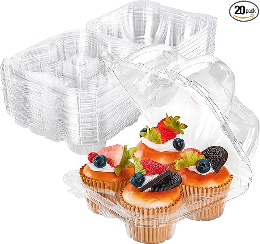 NPLUX 4 Compartment Cupcake Containers 20 Pack Cupcake Holder with Connected Airtight Lid Cupcake Boxes for 80 Cupcakes Muffins, BPA Free, Standard Size