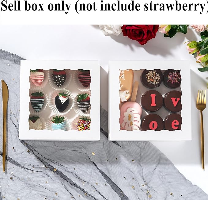 RomanticBaking 14pcs 7" x 7" x 2 1/2" Inches Bakery Boxes with Window for Pie, Cookies, Chocolate Covered Strawberries, Cakesickle, Brownies