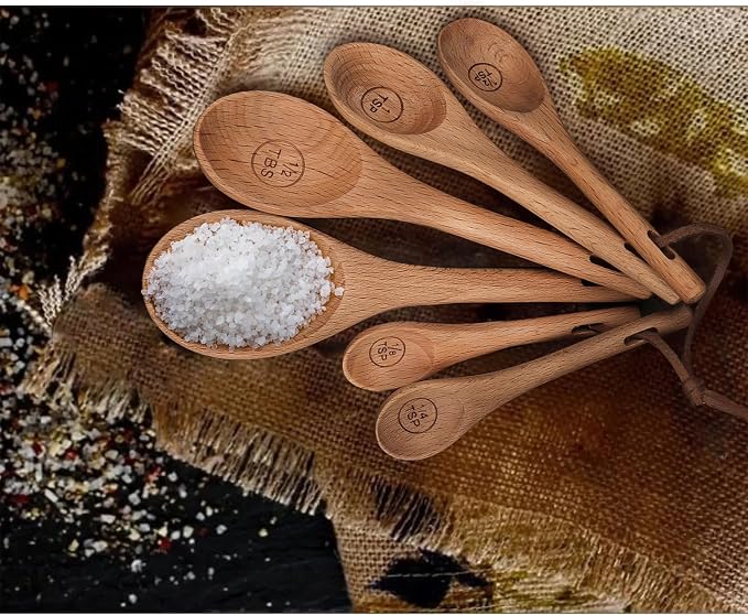 6pcs Measuring Spoons, Natural Beechwood Measuring Spoons Set Includes 1 tbsp, 1/2 tbsp, 1 tsp, 1/2 tsp, 1/4 tsp & 1/8 tsp for Cooking Baking, Rustic Teaspoon Tablespoon for Dry Ingredients