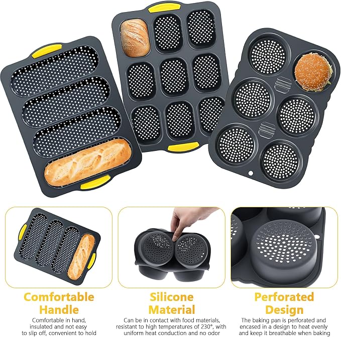 Silicone Hamburger Bun Pan and Baguette Pan Set,3 Pcs Nonstick 4/6/9 Cup Bun Molds with Spatula and Pastry Brush, French Bread Baking Trays for Homemade Hamburger Buns, Hot Dog Buns Loaf Sandwich