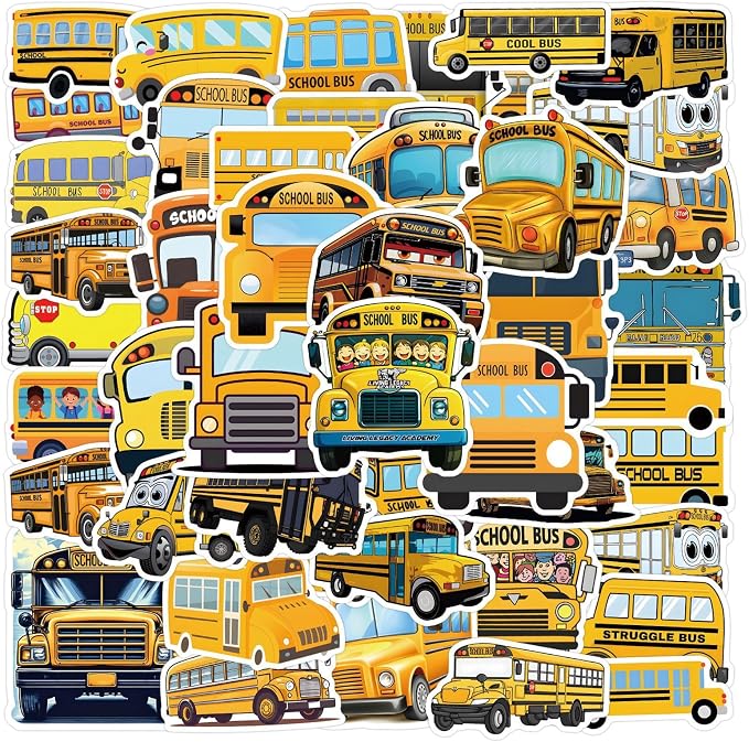 55Pcs School Bus Stickers, Yellow Bus Vinyl Decals for Water Bottles, Laptops, Luggage, Scrapbooks, Journals & Themed Decor (School Bus)