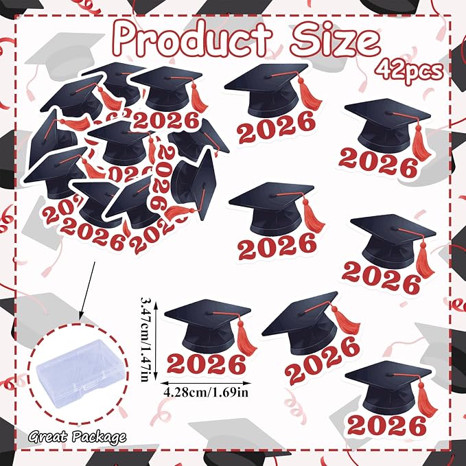 42pcs Edible Graduation Cap Cupcake Toppers Wafer Paper Red Class of 2026 Cake Decorations Edible Grad Cap Cupcake Picks for 2026 Graduation Theme Party Cake Decor Supplies