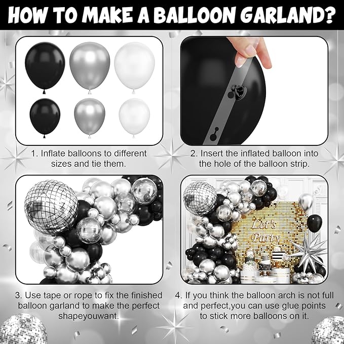 Black Silver Disco Ball Balloons Arch Kit, Black Silver Clear Balloons Garland with Large Disco Balls and Explosion Star Foil Balloons, for Disco Dance Diamond Birthday Graduation New Year Decoration