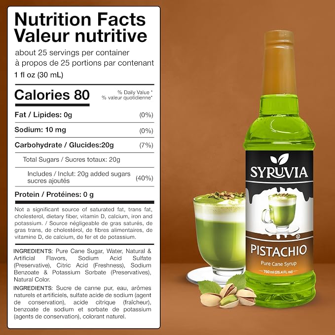 Syruvia Pistachio Syrup, Flavored Syrup for Lattes, Drinks, Cappuccinos, Iced Coffees, Espresso Drinks – 25.4 fl oz - with Pump
